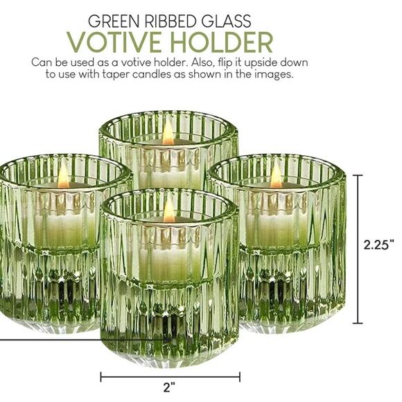 Ribbed Glass Tealight Candlestick Holder Green Set of 4 Decor Wedding Candle - Picture 7 of 7